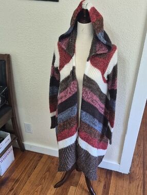Striped Hooded Knit Cardigan Sweater - Multi-Color